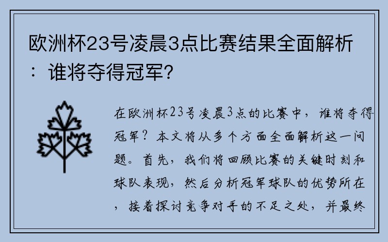 欧洲杯23号凌晨3点比赛结果全面解析：谁将夺得冠军？